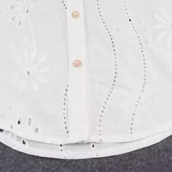 SOLD OUT White Boho Floral Eyelet Button Up Blouse - Picture 12 of 15